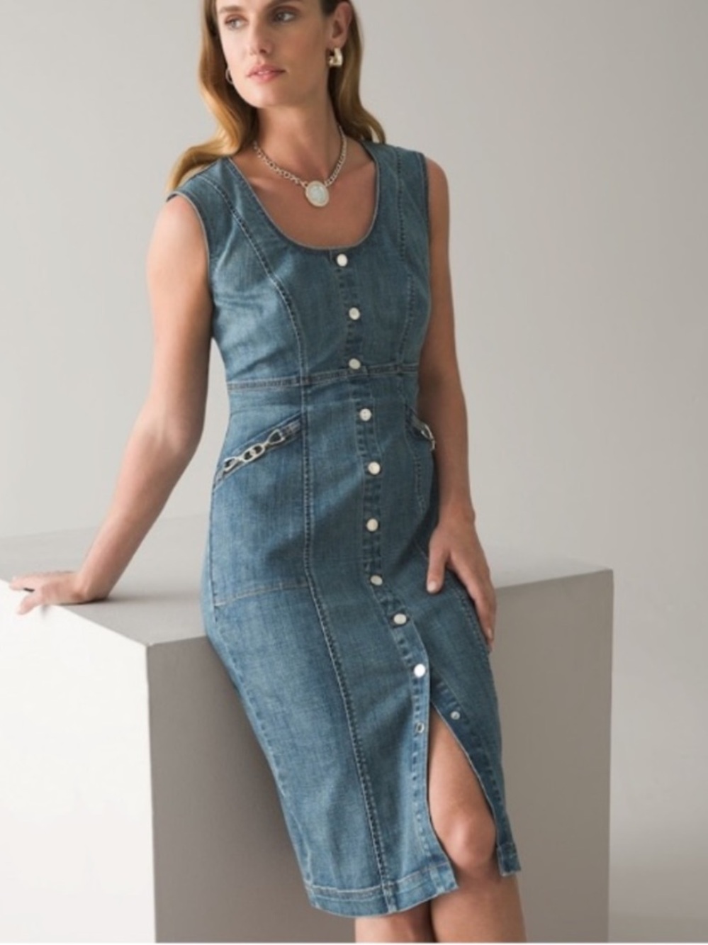 NWOT! White House Black Market WHBM Sleeveless Denim Sheath
Dress Scoop Neck - 4
